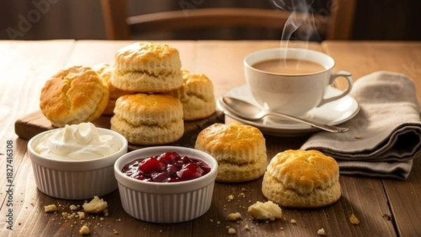 Fototapeta Scones with jam and tea with milk on the table. horizontal  