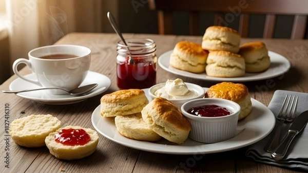 Fototapeta Scones with jam and tea with milk on the table. horizontal  