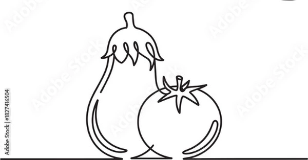 Obraz  line art drawing of an eggplant (aubergine) and a tomato, representing healthy food and farming.
