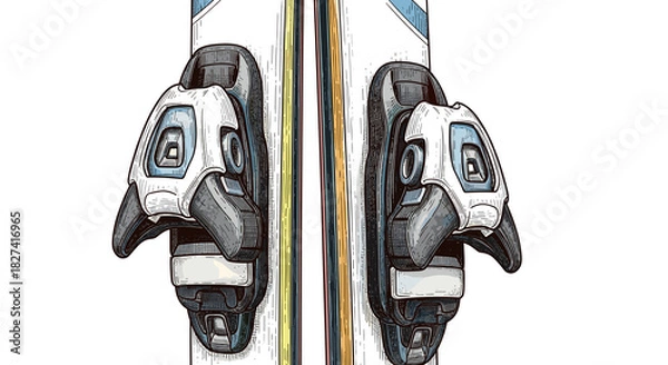 Fototapeta Ski bindings on modern skis with colorful design in white background  