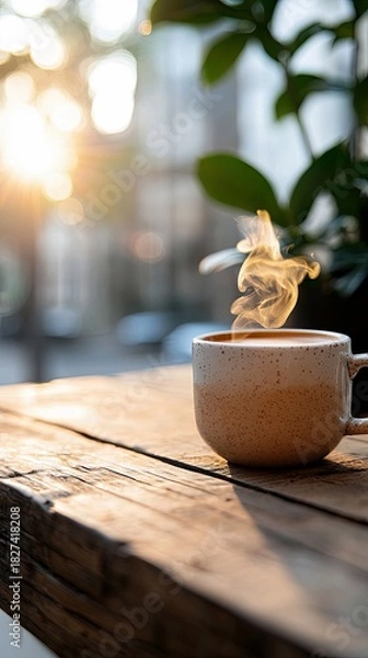 Fototapeta A cup of coffee with steam rising, placed on a wooden table outdoors. The image is lit by the warm glow of the setting sun, creating a cozy and inviting atmosph