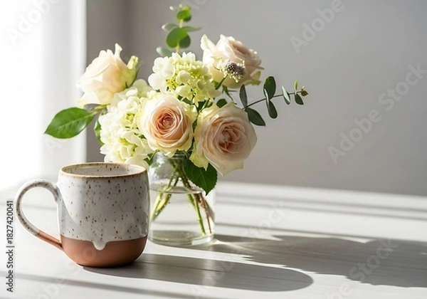 Fototapeta Floral elegance arrangement with coffee mug in a naturally lit setting