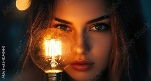 Fototapeta business female professional holds a glowing bulb with warm light in an indoor office, shown in close view with a simple background and sharp clean detail.