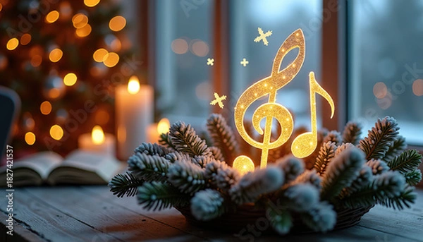 Fototapeta A luminous treble clef and a musical note in a festive composition with candles and a Christmas tree in the background, the concept of Christmas and New Year