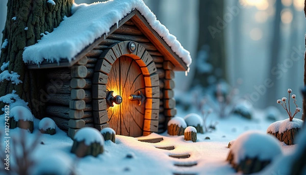 Fototapeta Wooden fairy tale house in winter forest with warm light glowing at the entrance