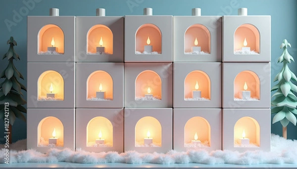 Fototapeta Collection of white candle holders glowing warmly with candles in winter decorative setting
