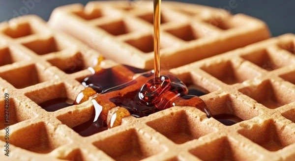 Fototapeta Delicious Belgian Waffle With Dripping Golden Syrup Close-up
