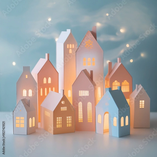 Fototapeta Decorative paper houses with warm glowing lights in cozy arrangement on soft background