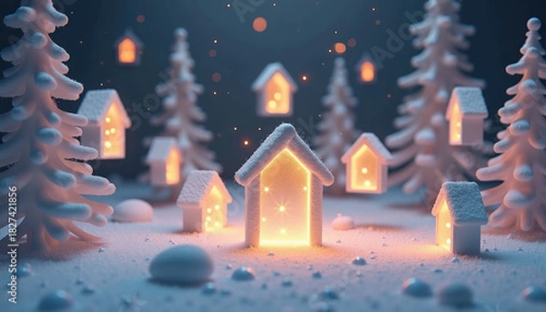 Fototapeta Glowing floating white houses with magic doors in a snowy forest with bright lights and a festive atmosphere at night. Fantasy style 
