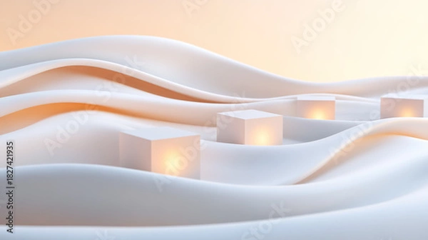 Fototapeta Elegant modern advent boxes arranged in the form of smooth waves on soft flowing fabric in a calm modern environment