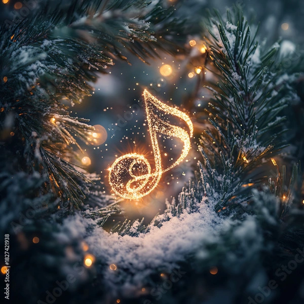 Fototapeta Glowing musical note surrounded by pine branches and snow in festive winter setting