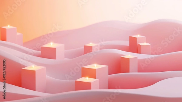 Fototapeta Elegant modern pink advent boxes arranged in the form of smooth waves on a clear background on flowing fabric in a calm and soothing modern environment
