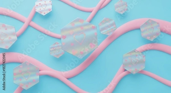 Fototapeta Pastel Dreamscape Floating Hexagons and Curving Forms in Serene Palette