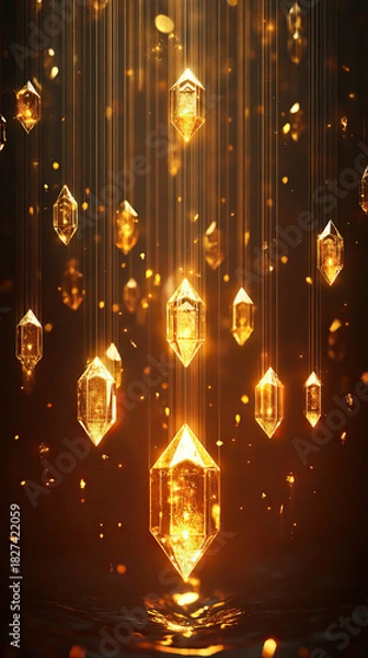 Fototapeta Hanging golden crystals surrounded by shimmering lights reflecting on water in magical atmosphere