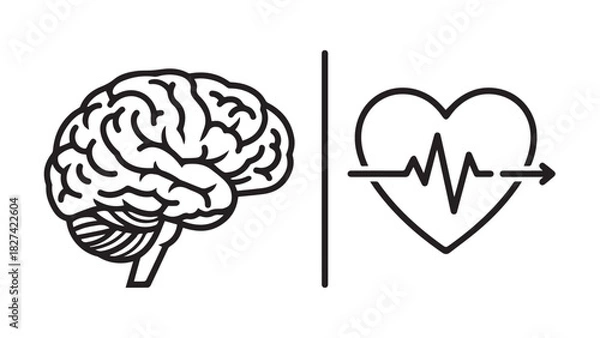 Fototapeta Human Brain and Heartbeat Line Art Icon