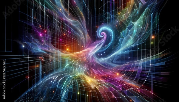 Fototapeta Futuristic Holographic Mesh with Iridescent Gradients and Glowing Digital Grid