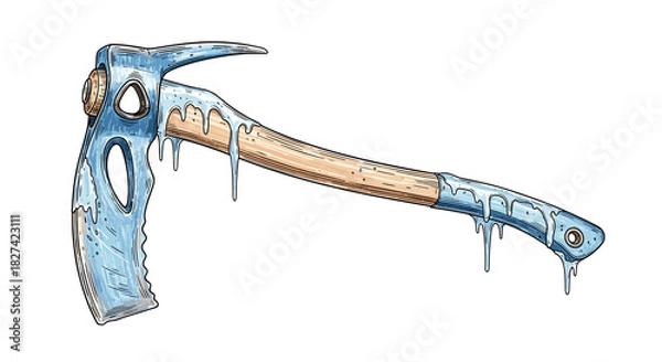 Fototapeta Ice axe with a wooden handle and icicles hanging from blade  