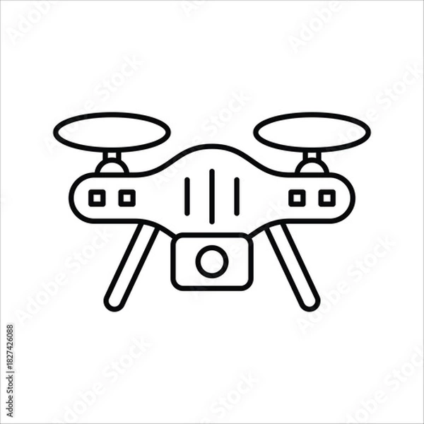 Fototapeta Vector line icon of a modern quadcopter drone with camera, symbolizing unmanned aerial technology for aerial photography, remote sensing