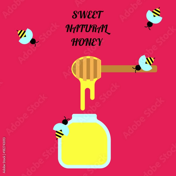 Obraz Flat simple image with honey and bees isolated on pink background with text. Colorful outline banner with chopstick. Vector illustration with honey stick. Card with apiary product. Honeycombs.
