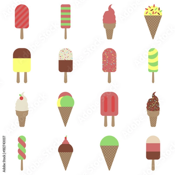 Fototapeta Flat simple image with ice cream set isolated on white background. Colorful outline collection of cold desserts. Vector illustration with waffle cones and wooden sticks. Card with dairy products.