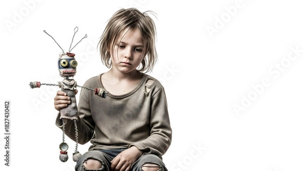 Fototapeta Sad child holding a handmade doll with a distressed expression