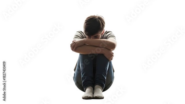 Fototapeta Lonely boy sits hugging his knees in the dark with a sad expression