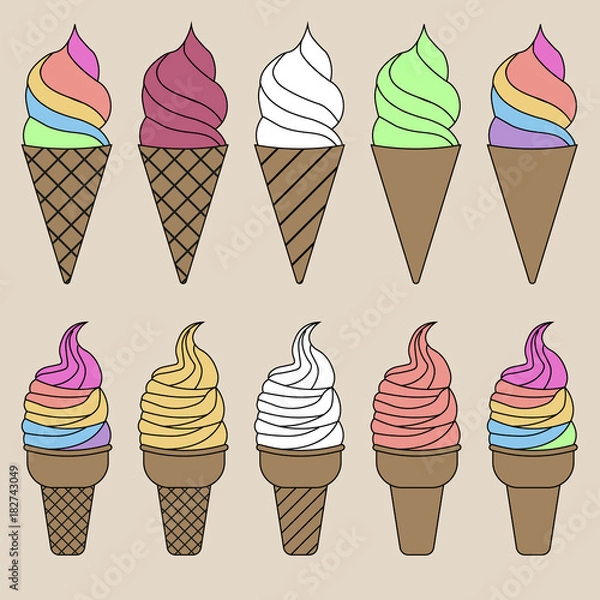 Fototapeta Flat simple image with ice cream set isolated on light background. Colorful outline collection of cold desserts. Vector illustration with waffle cones and wooden sticks. Card with dairy products.