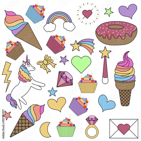 Fototapeta Flat simple image with ice cream, unicorn, ring, rainbow,lightning, donut, hearts, stars, mail, cupcakes, magic wand isolated on white background. Vector illustration of colorful collection of labels