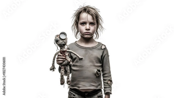 Fototapeta Distressed child holding a worn doll with a sad expression