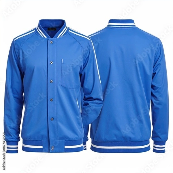 Fototapeta Front and back view of a royal blue jacket with white stripes (1)