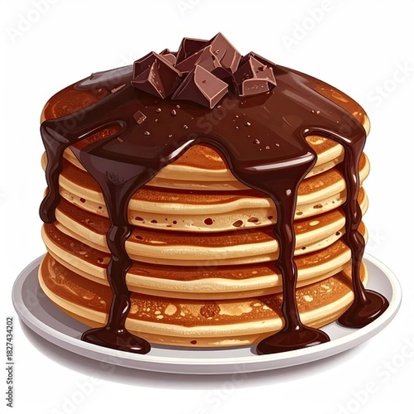 Fototapeta Stack of golden brown pancakes, dripping with rich dark chocolate sauce, topped with chocolate chips