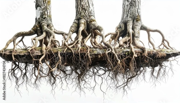 Fototapeta Three trees' intertwined roots on a floating rock ledge against a white background