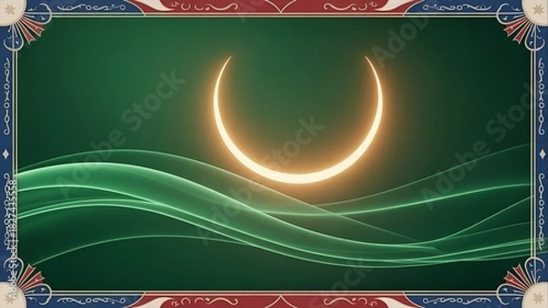 Fototapeta Abstract green background with glowing crescent moon illustration