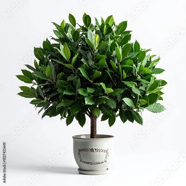 Fototapeta A lush, rounded shrub in a light gray pot