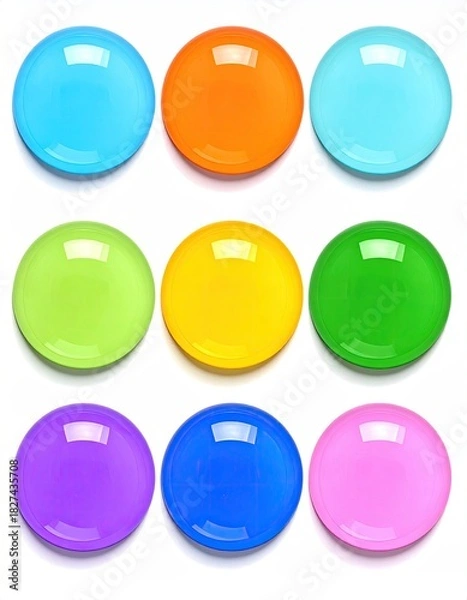Fototapeta Nine colorful, round, glossy plates arranged in a grid.  Each plate reflects light, displaying a vibrant hue