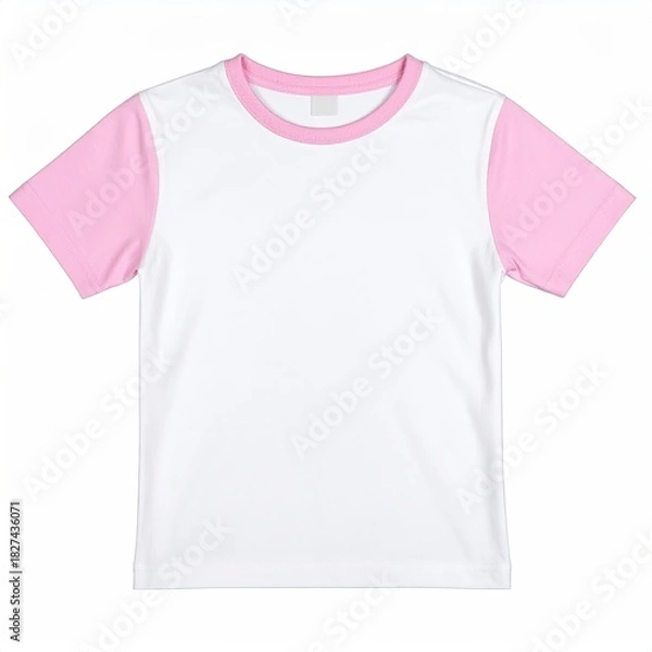 Fototapeta Blank, white short-sleeve t-shirt with pink accents.  Features a crew neckline and a contrasting pink trim on the sleeves