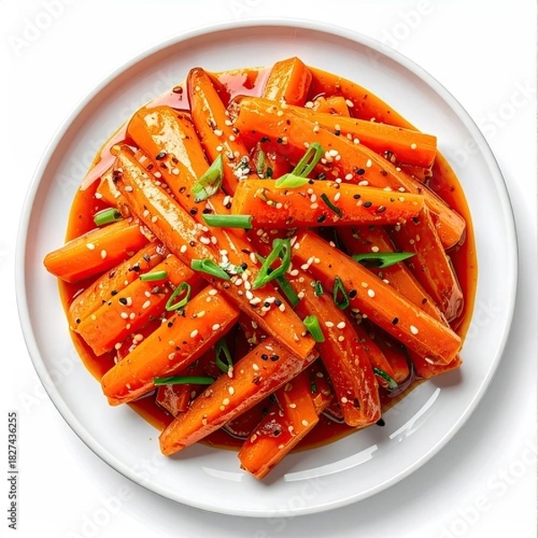 Fototapeta Plate of glazed carrots, topped with sesame seeds and green onions
