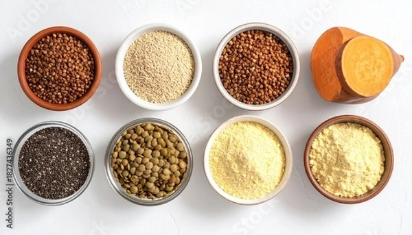 Fototapeta Six small bowls of various whole grains and seeds on a white surface
