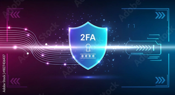 Obraz Futuristic digital security concept with 2FA shield icon and circuit lines