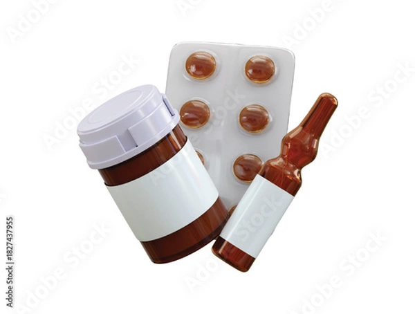Obraz Medicine ampule jar with drug and medicine plate icon 3d render concept of pills blister, capsule, drugs on emergency kit icon vector illustration