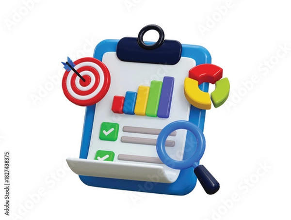 Obraz Stock trading graph with clipboard icon 3d render concept of Business graph, magnifying glass, Dart target, Business planning board icon vector illustration