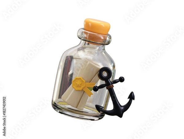 Obraz Message in a bottle icon 3d render concept of message in a paper inside the bottle with Ship Anchor icon vector illustration