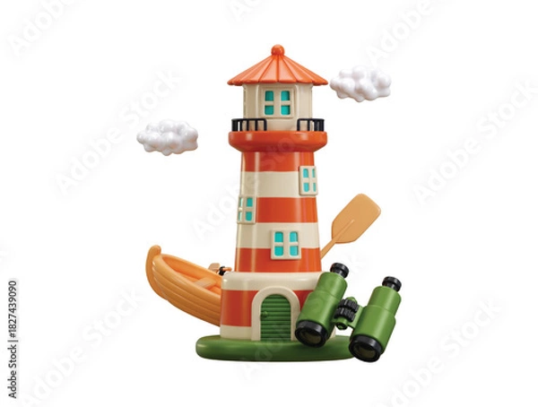 Obraz Lighthouse icon 3d render concept of lighthouse with binocular and sea boat icon ocean lighthouse icon vector illustration