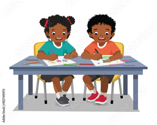 Fototapeta Two African kids students drawing coloring at the table together
