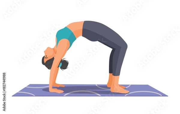 Fototapeta Woman practicing yoga doing wheel pose on the mat
