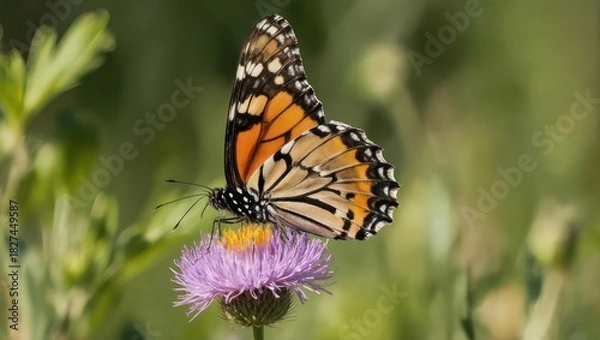 Fototapeta Monarch Butterfly on Purple Thistle Flower in a Green Meadow.