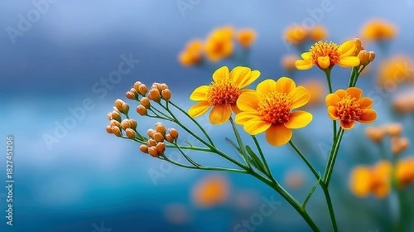 Fototapeta Close-up of vibrant yellow flowers with orange centers and green stems, set against a soft, blurred blue background. The image captures the beauty of nature and