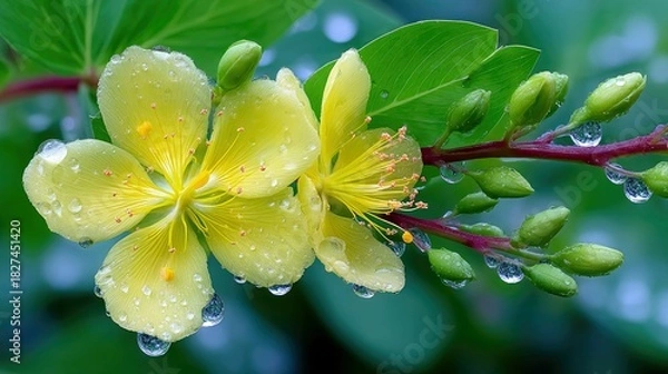 Obraz Close-up of two delicate yellow flowers with prominent stamens, covered in glistening water droplets. A stem with numerous green buds and leaves is also visible