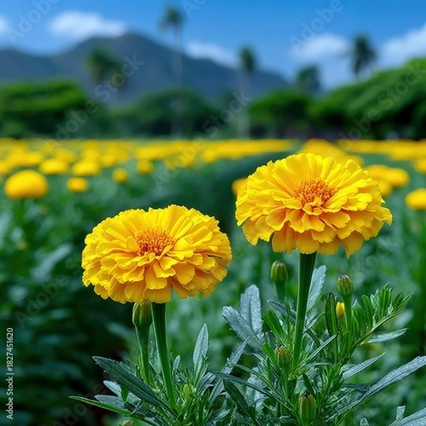 Fototapeta Close-up of two vibrant yellow marigold flowers in a field, with a blurred background of more flowers, green foliage, and mountains under a blue sky.