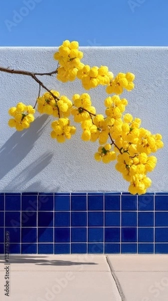 Fototapeta A branch of yellow mimosa flowers against a blue wall and tiled surface, under a clear blue sky, casting shadows.